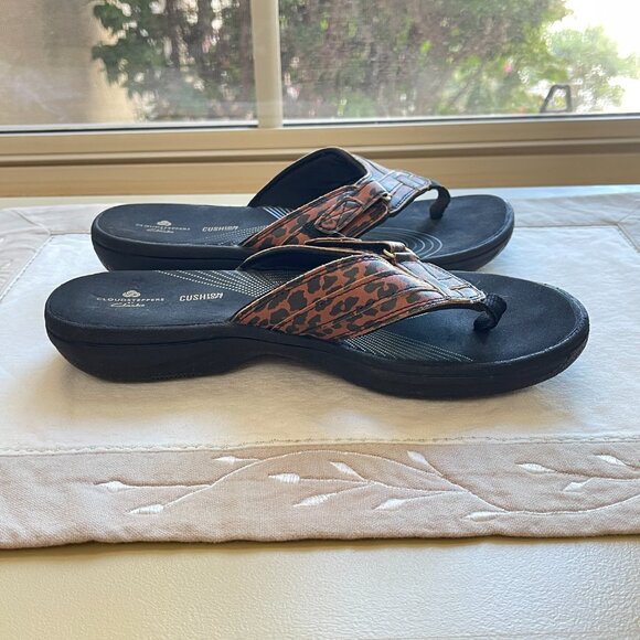 Clarks Cloudsteppers 6 Sandals Thong Animal Leopard Print Black Tan Brown - Picture 6 of 12